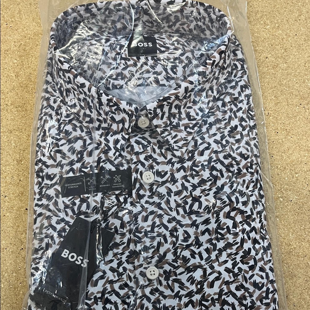 NWT Boss $138 Men's Black, White, and Brown Patterned long sleeve Shirt